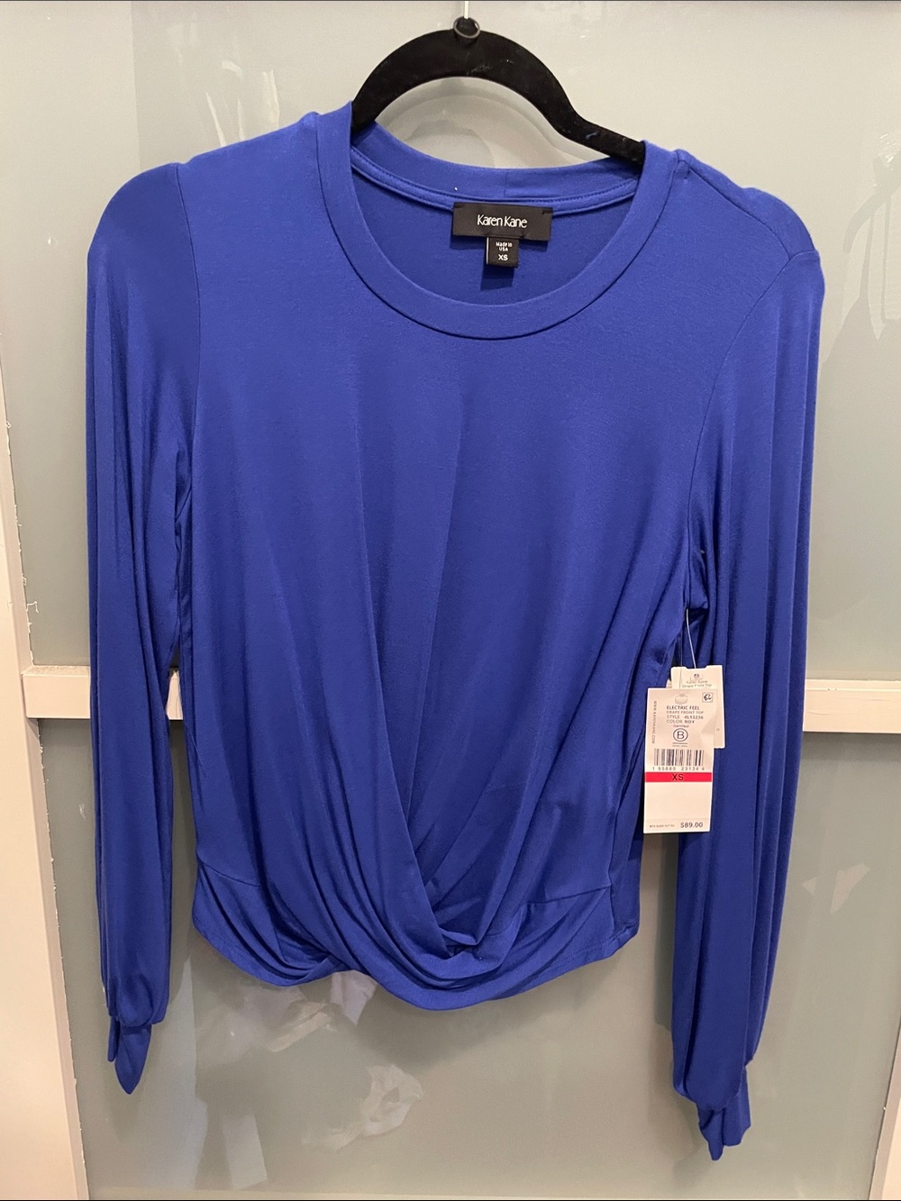 Karen Kane Cobalt Twist-Front Long Sleeve Top, size XS, NWT